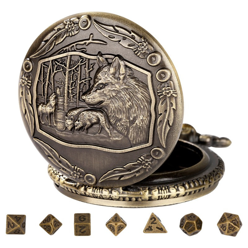 Wholesale Bronze Relief Wolf Head Thick Waist Chain Qinggu Dice Pocket Watch Case