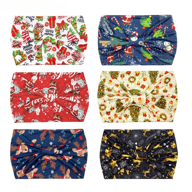 Wholesale Christmas Printed Hairband with Wide Edges and Knotted Elastic Headband Cartoon Santa Claus Headscarf