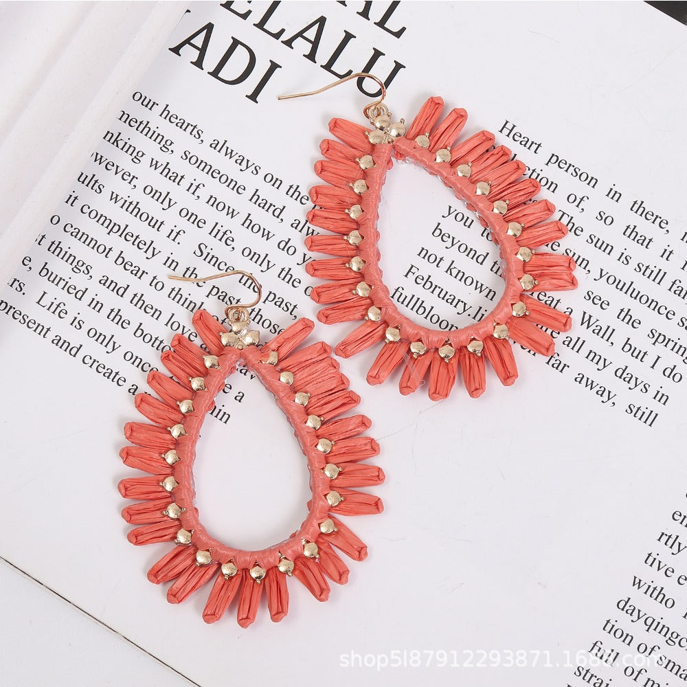 Wholesale Bohemian Hand Woven Geometric Raffia Vintage Earrings