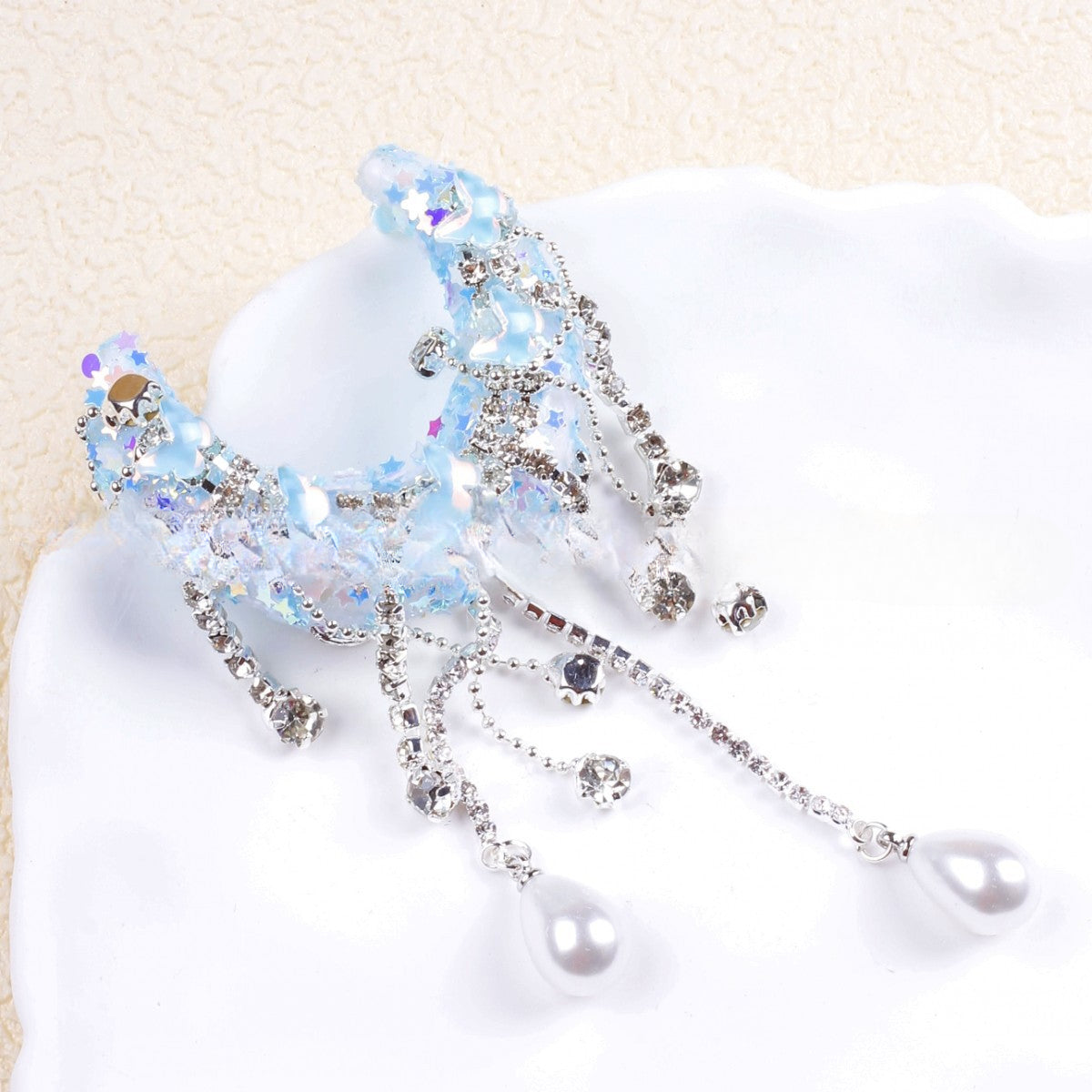 Wholesale Heavy Industry Moon Tassel Studded Diamond Bow Pearl Beading