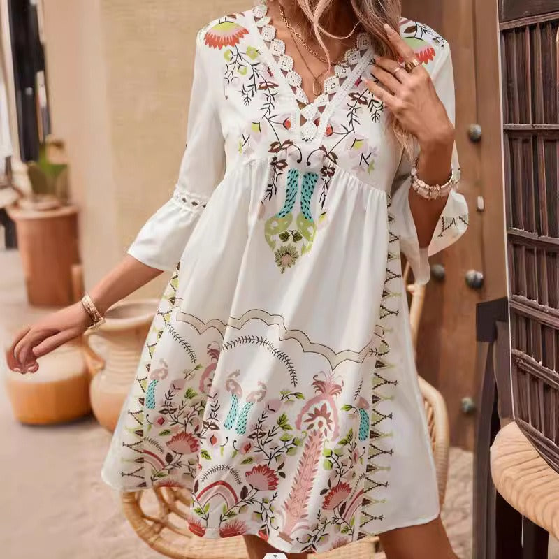 Wholesale V-neck Lace Splicing Casual Versatile Printed Dress