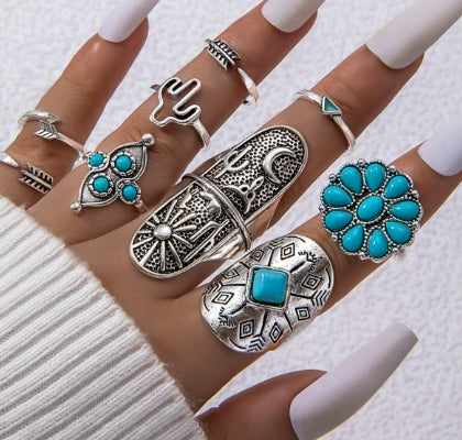 Vintage 8-piece Ring Set with Turquoise Carved Feathers