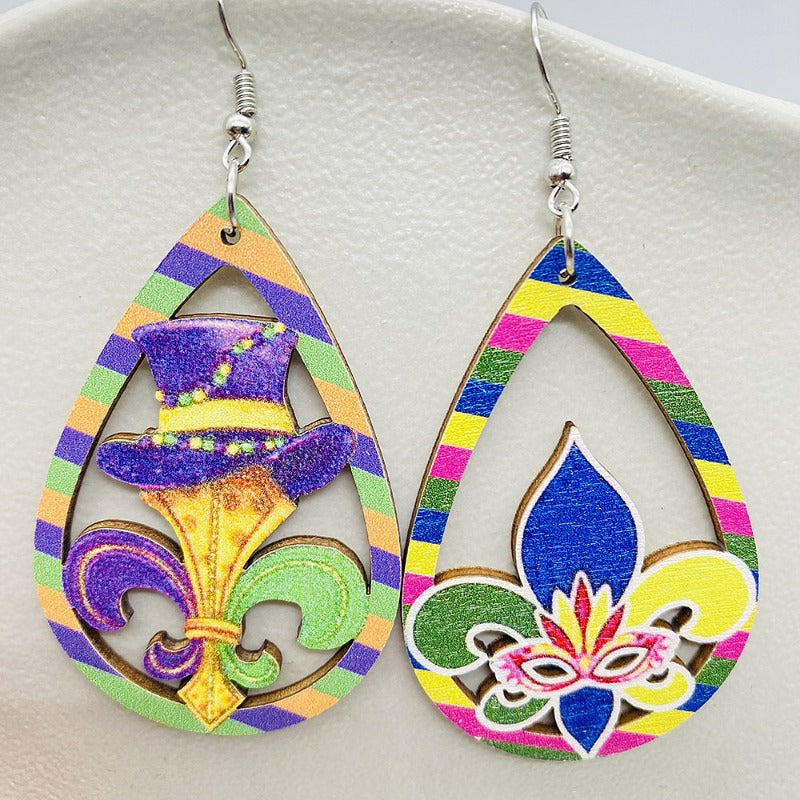 Wholesale Colorful Festival Exaggerated Mask Water Drop Hollow Wooden Earrings