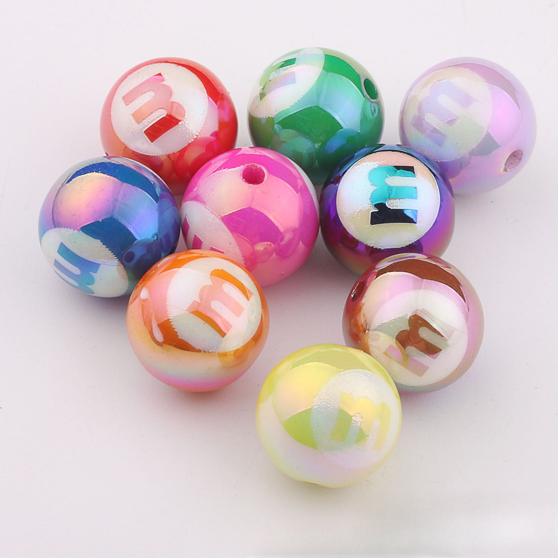 Wholesale 20pcs Acrylic UV Plating Engraving M Bean Straight Hole Two-color DIY Beads
