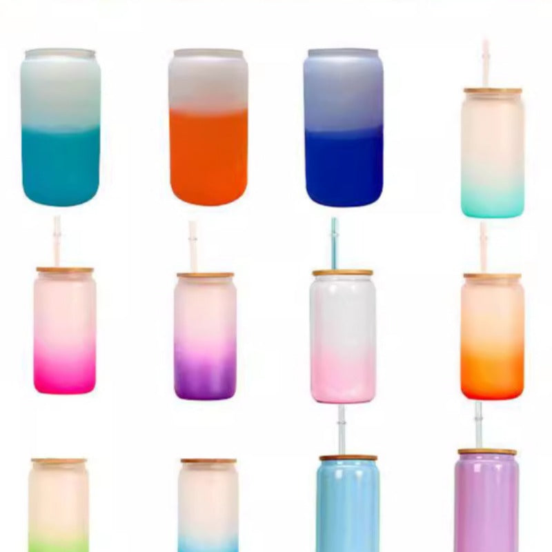 Wholesale Sublimation 16oz Thermal Transfer Frosted Gradient Bamboo Lid Glass