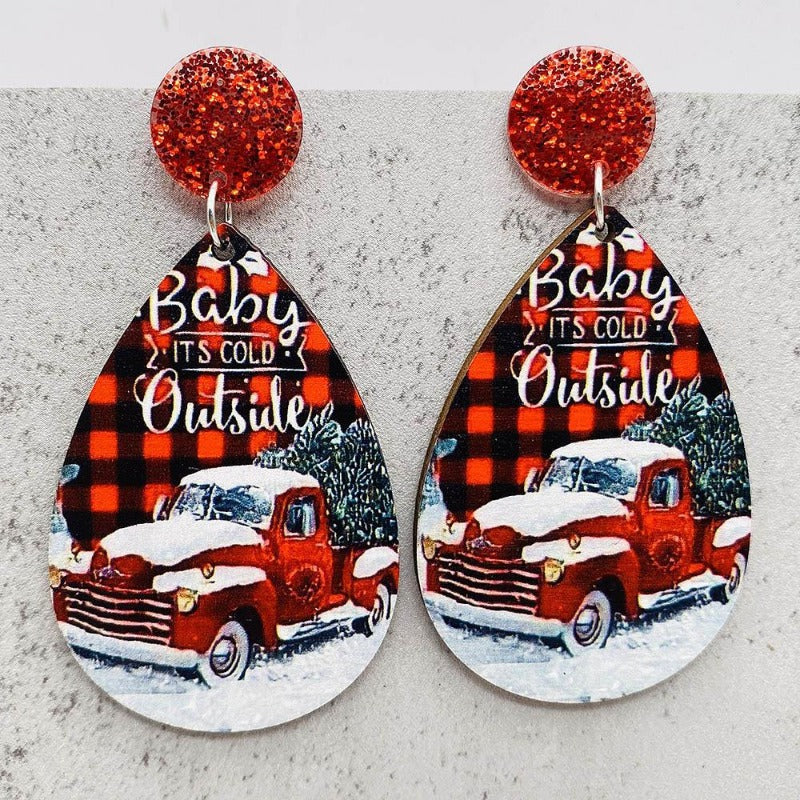 Wholesale Christmas Water Drop Wooden Earrings