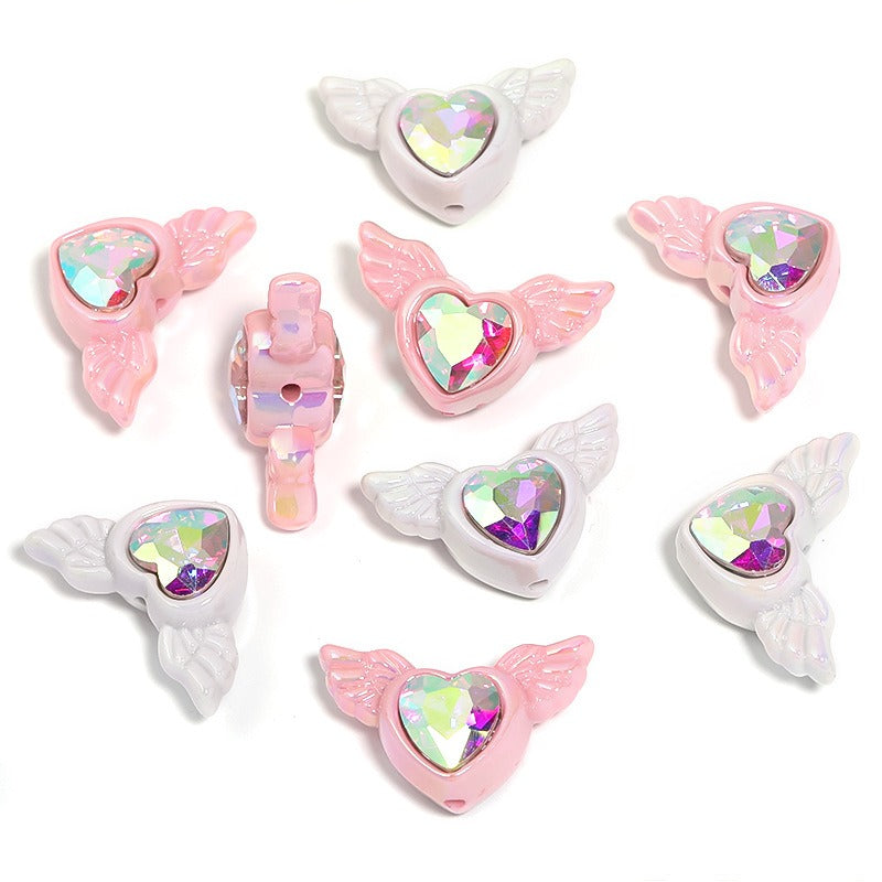 Wholesale 25pcs Double-sided Diamond Wings Love Heart Plated Acrylic Peach Heart Beads