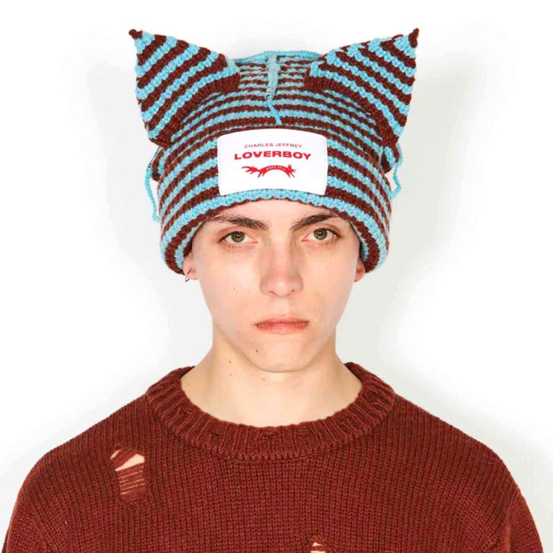 Wholesale Handmade Pig Ear Yarn for Autumn and Winter Warmth, Color Blocked Stripes, Fashionable Knitted Hat