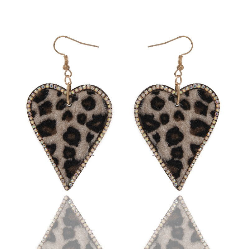 Wholesale Leopard Print Rhinestone Embellished Heart Drop Earrings