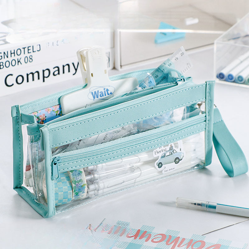 Wholesale Four-layer Transparent Leather Pencil Bag