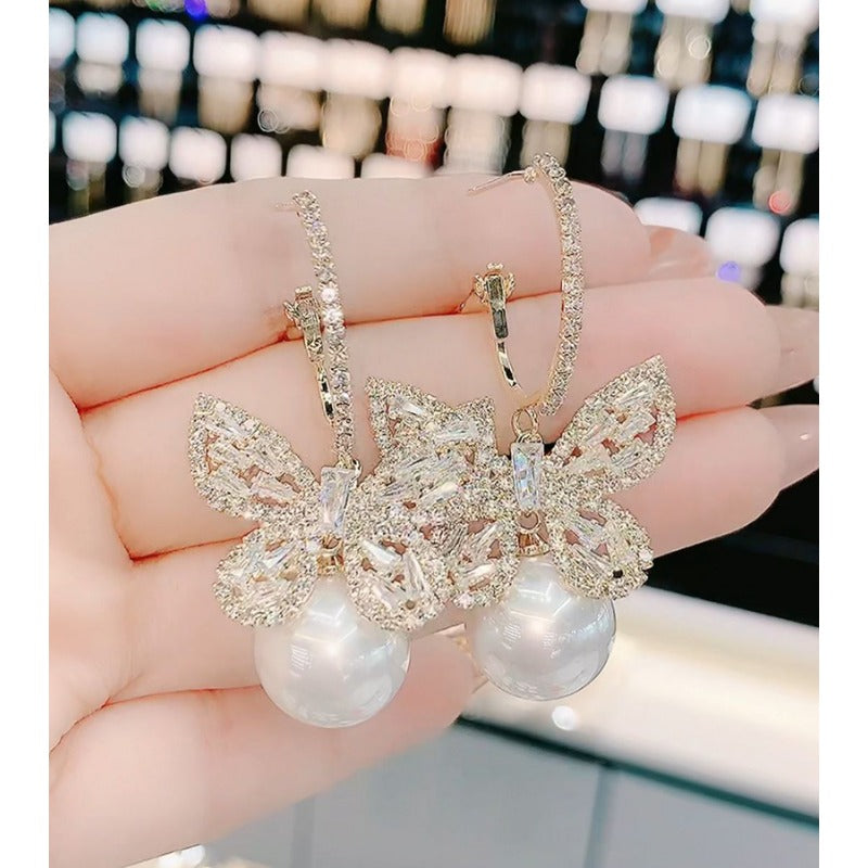 Wholesale Heavy Zircon Bow Pearl Earrings