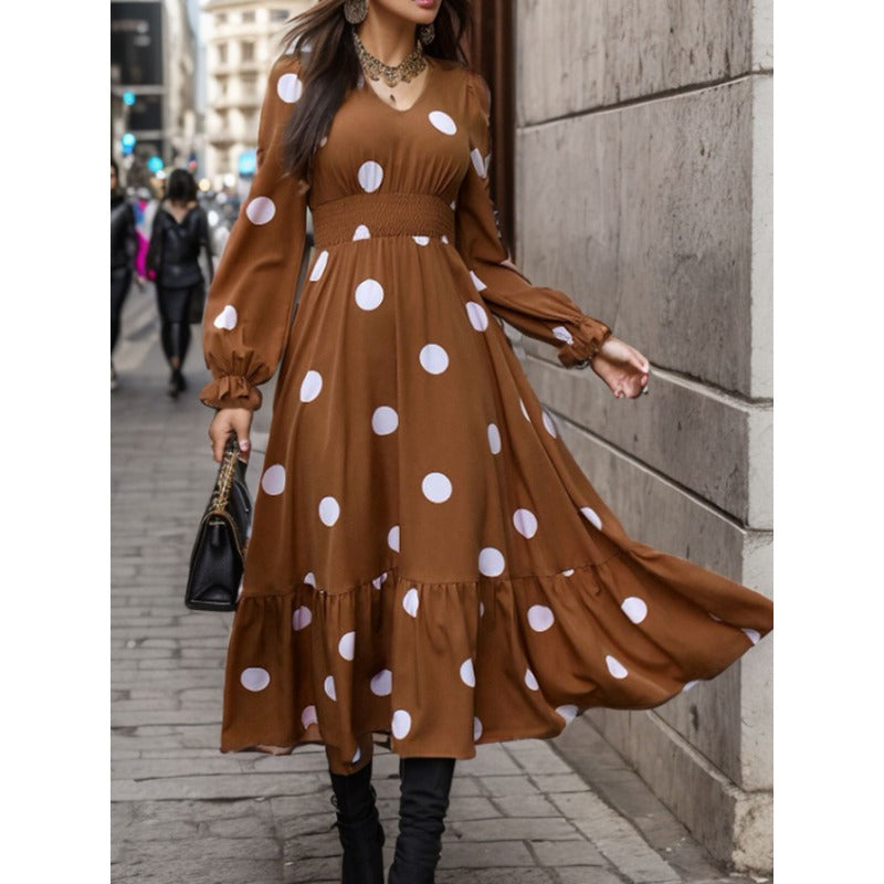 Wholesale Polyester Women's V Neck Polka Dot Print Long Sleeve Waist Midi Dress
