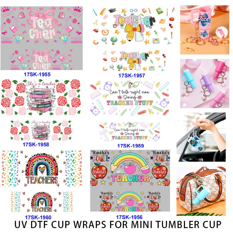 Wholesale 2/4/8 Pcs Teacher's Day Pink Red Flowers Cartoon Book Apple Pencil UV DTF Wraps Mini Tumbler Cup Keychain