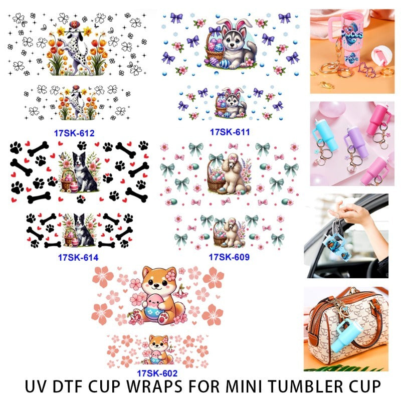 Wholesale 2/4/8 Pcs Easter Cartoon Cute Dog Colorful Flowers UV DTF Wraps Mini Tumbler Cup Keychain Lipstick Holders