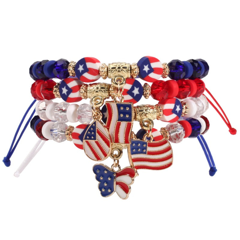Wholesale Independence Day Braided Adjustable Heart Five-pointed Star Butterfly Red White and Blue Bracelet
