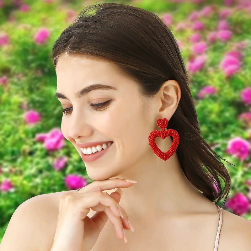 Wholesale Valentine's Day Love Handmade Romantic Heart Shaped High Quality Rice Bead Red Earrings
