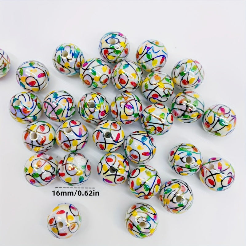 Wholesale 100pcs Christmas Series Acrylic Printed Lantern Thread Round Beads DIY Mobile Phone Chain Accessories Beads