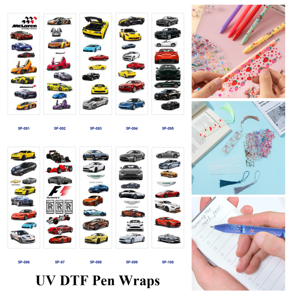 Wholesale 2/ 8/ 16pcs Cool Sports Racing Car Super Vehicle Speed Theme Print Pen and Bookmark Stickers UV DTF Wraps OLY Exclusive