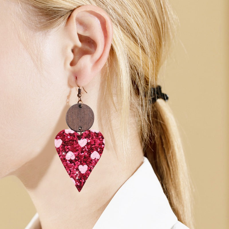 Wholesale Valentine's Day Sequin Particles, Heart-shaped Leather Wooden Block Earrings