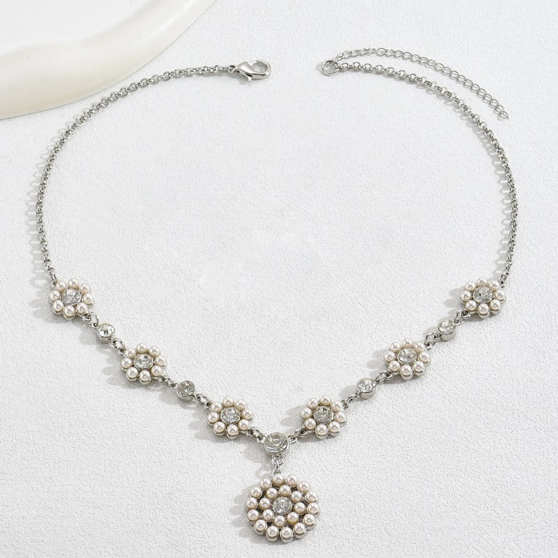 Wholesale Zircon Inlaid Pearl Flower Earring Earrings and Necklace Set