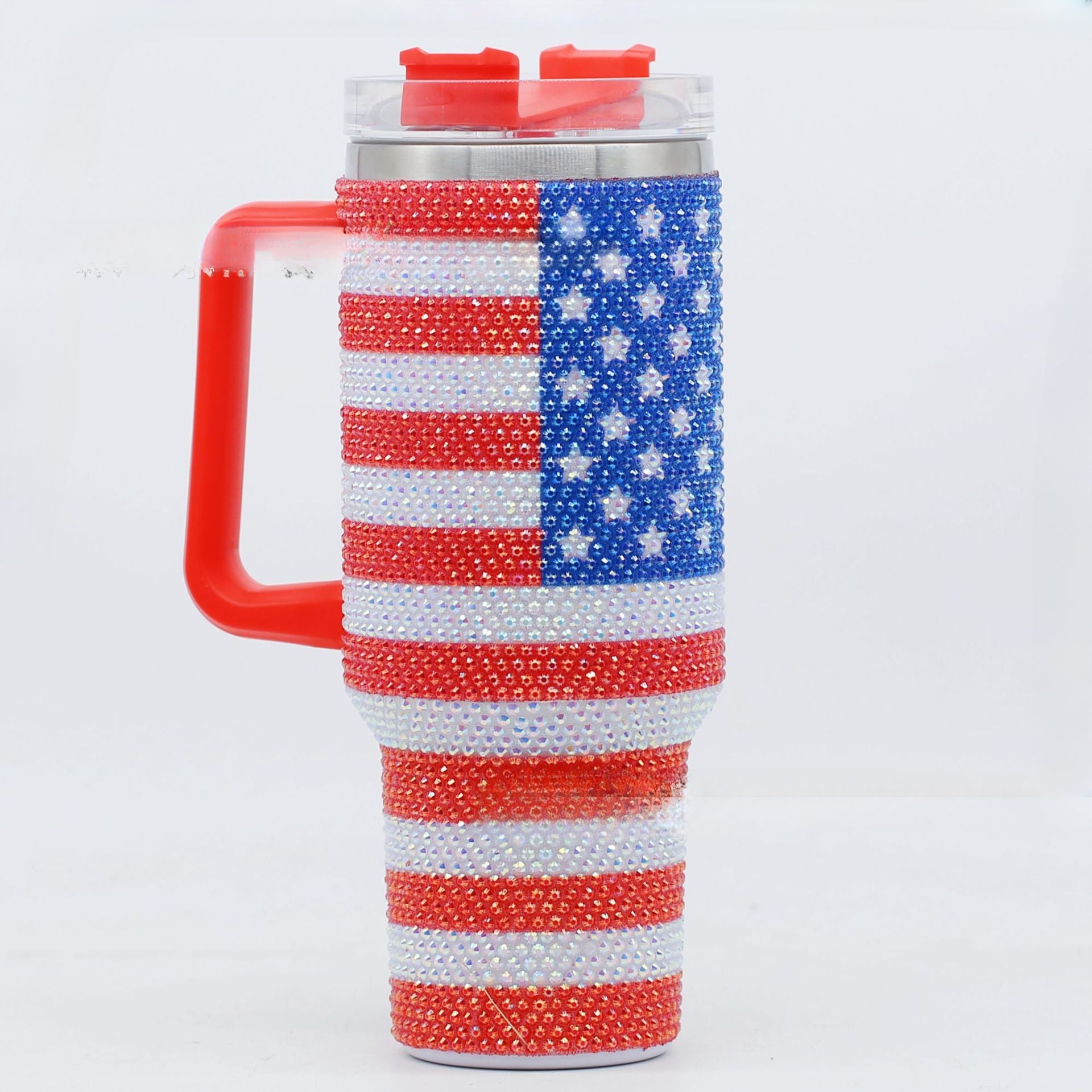 Wholesale Tumbler Diamond Stars and Stripes Stainless Steel Insulated Car Cup with Handle 40oz