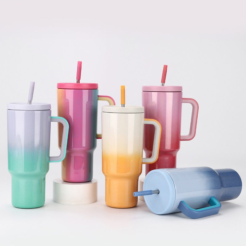 Wholesale 40oz Rainbow Paint Car Cup 304 Stainless Steel Insulation Portable Large Capacity Vacuum Straw Ice Cup