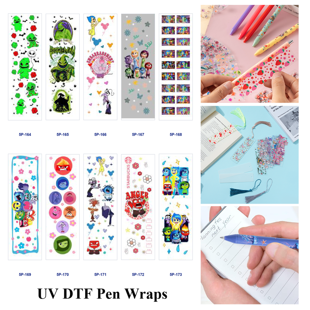 Wholesale 2/ 8/ 16pcs Cute Colorful Cartoon Element Print Pen and Bookmark Stickers UV DTF Wraps OLY Exclusive