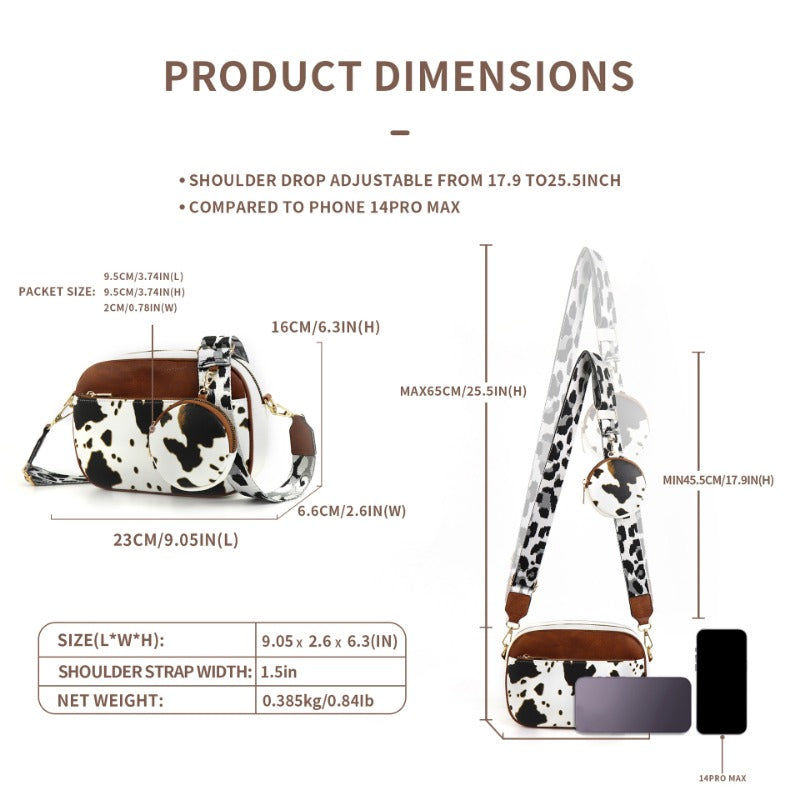 Wholesale Cow Pattern Colorblock Retro Zipper Shoulder Strap Crossbody Bag