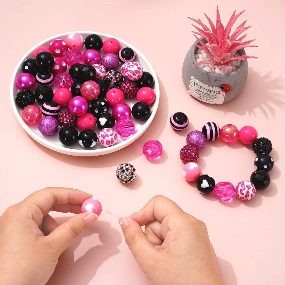 Wholesale Whaline 50Pcs Preppy Bubblegum Beads Pink Girl Spacer Bead 20mm Pink Black Leopard Heart Chunky Beads Set Jumbo Plastic Beads for Jewelry Making Boutique DIY Craft Supplies