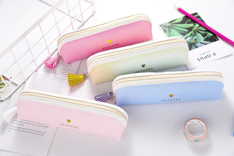 Wholesale Solid Color Pu Tassel Round Triangle Pencil Bag