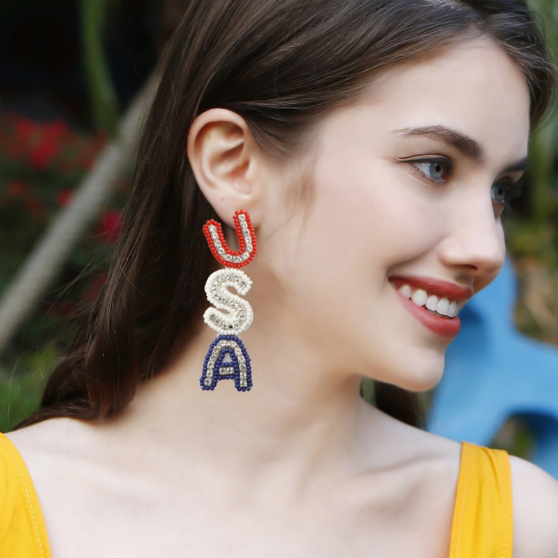 Wholesale Letter USA Independence Day Rice Bead Earrings