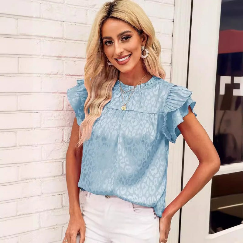 Wholesale Fashion Versatile Printed Ruffle Sleeve Wave Neck Top