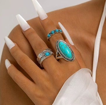 Vintage 8-piece Ring Set with Turquoise Carved Feathers