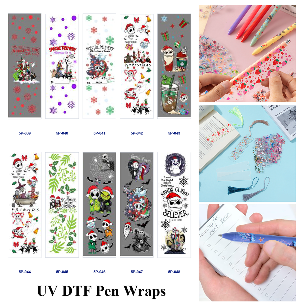 Wholesale 2/ 8/ 16pcs Winter Christmas Spooky Skeleton Snowflake Gift Element Print Pen and Bookmark Stickers UV DTF Wraps OLY Exclusive