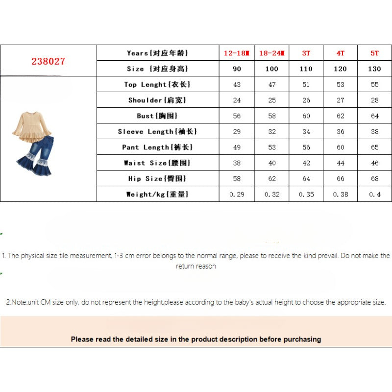 Wholesale Polyester Tops Children's Long Sleeve Denim Bell Bottoms Two Piece Set