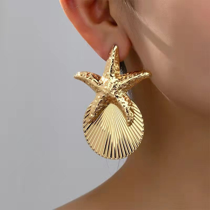 Wholesale Golden Beach Sea Star Shell Scallop Exaggerated Earrings