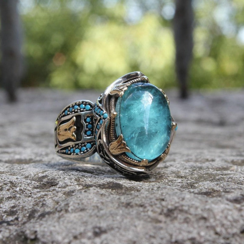 Wholesale Carved Blue Gemstone Two-tone Vintage Gemstone Wedding Rings