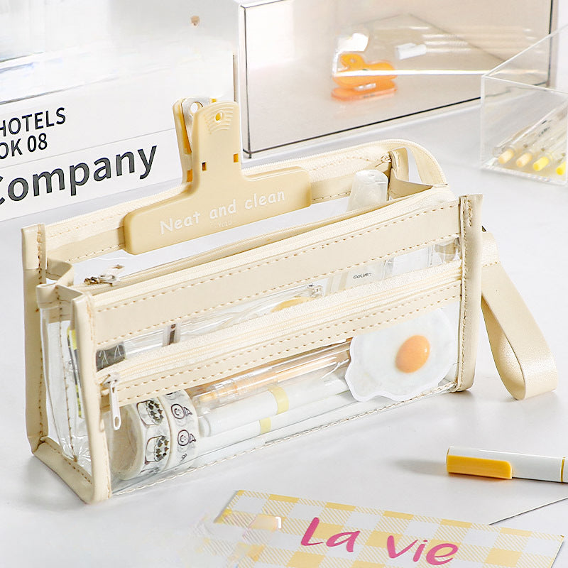 Wholesale Four-layer Transparent Leather Pencil Bag