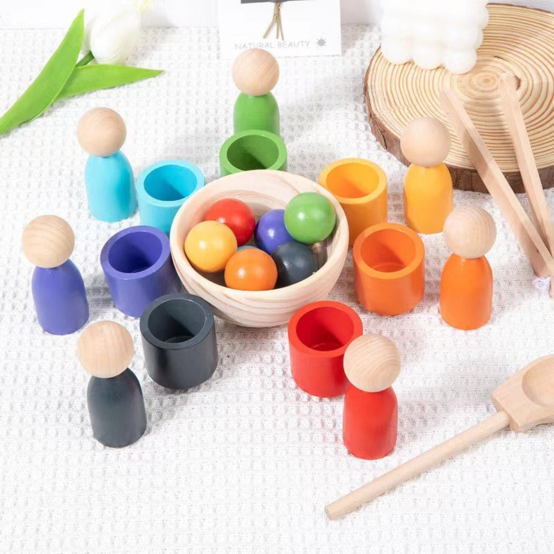 Wholesale Children's New Puzzle Fun 12 Color Ball and Cup Color Classification Wooden Toy Clip Bead Color Recognition Matching Toy