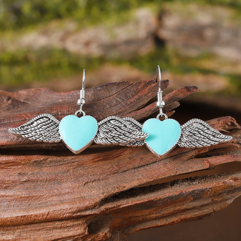 Wholesale Retro Gothic Style Peach Heart Wings Personality Niche Design Oil Drop Heart Wings Earrings