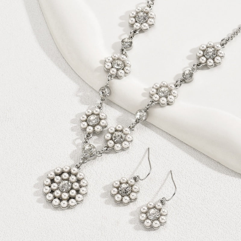Wholesale Zircon Inlaid Pearl Flower Earring Earrings and Necklace Set