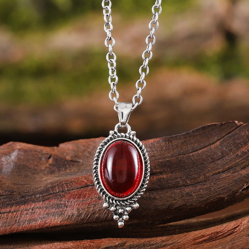 Wholesale Vintage Exquisite Cameo Inlaid Ruby Oval Glass Pendant Fashion Earrings Necklace Set