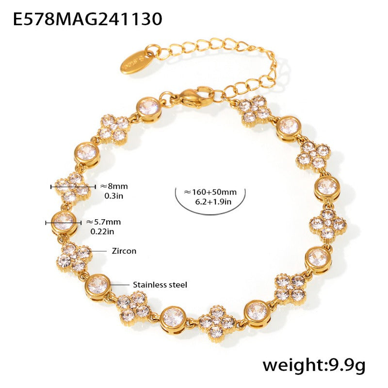 Wholesale Stainless Steel Plum Blossom Round Diamond Hand-assembled Zircon Plated 18k Real Gold Bracelet