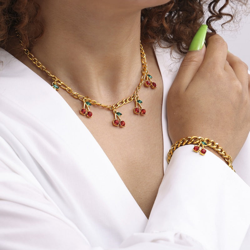 Wholesale Fashion Temperament Glass Stone Red Cherry Popular Simple Necklace Bracelet Set