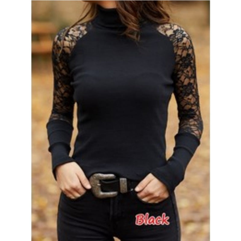 Wholesale Cotton Women's High Neck Lace Patchwork Long Sleeved T-shirts