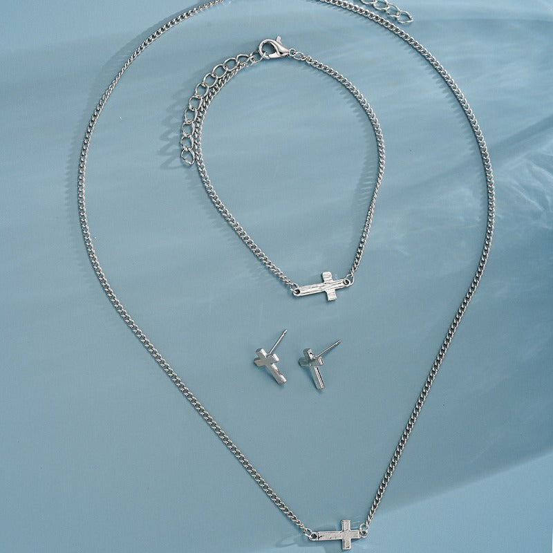 Wholesale Fashion Simple Niche Design Cross Earrings Bracelet Necklace Advanced Design Set