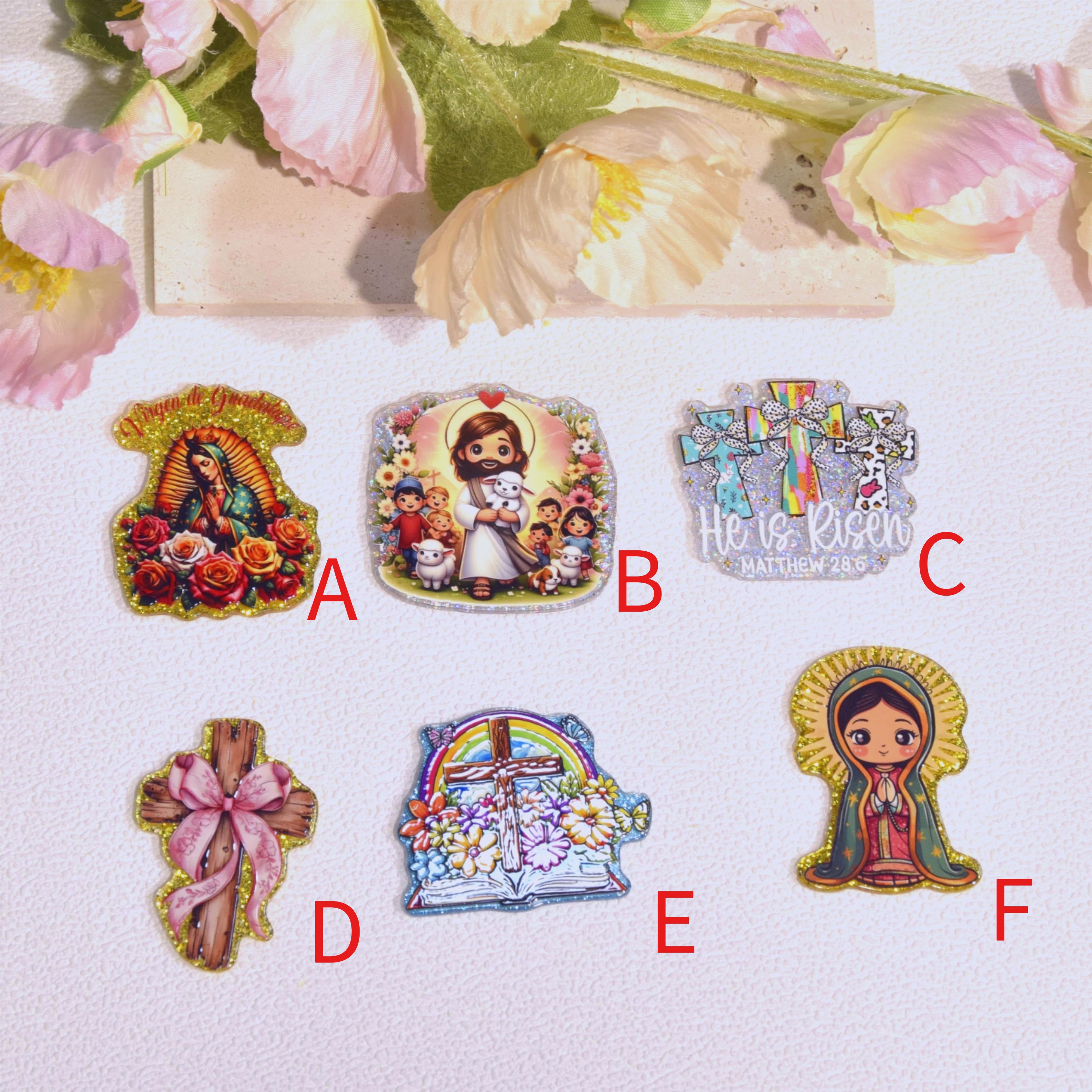 Wholesale 5 Pcs/10 Pcs/20 Pcs   Cute Cartoon Acrylic Flatbacks (Cross/Virgin Mary/God) for DIY Badge Reels & Phone Stands