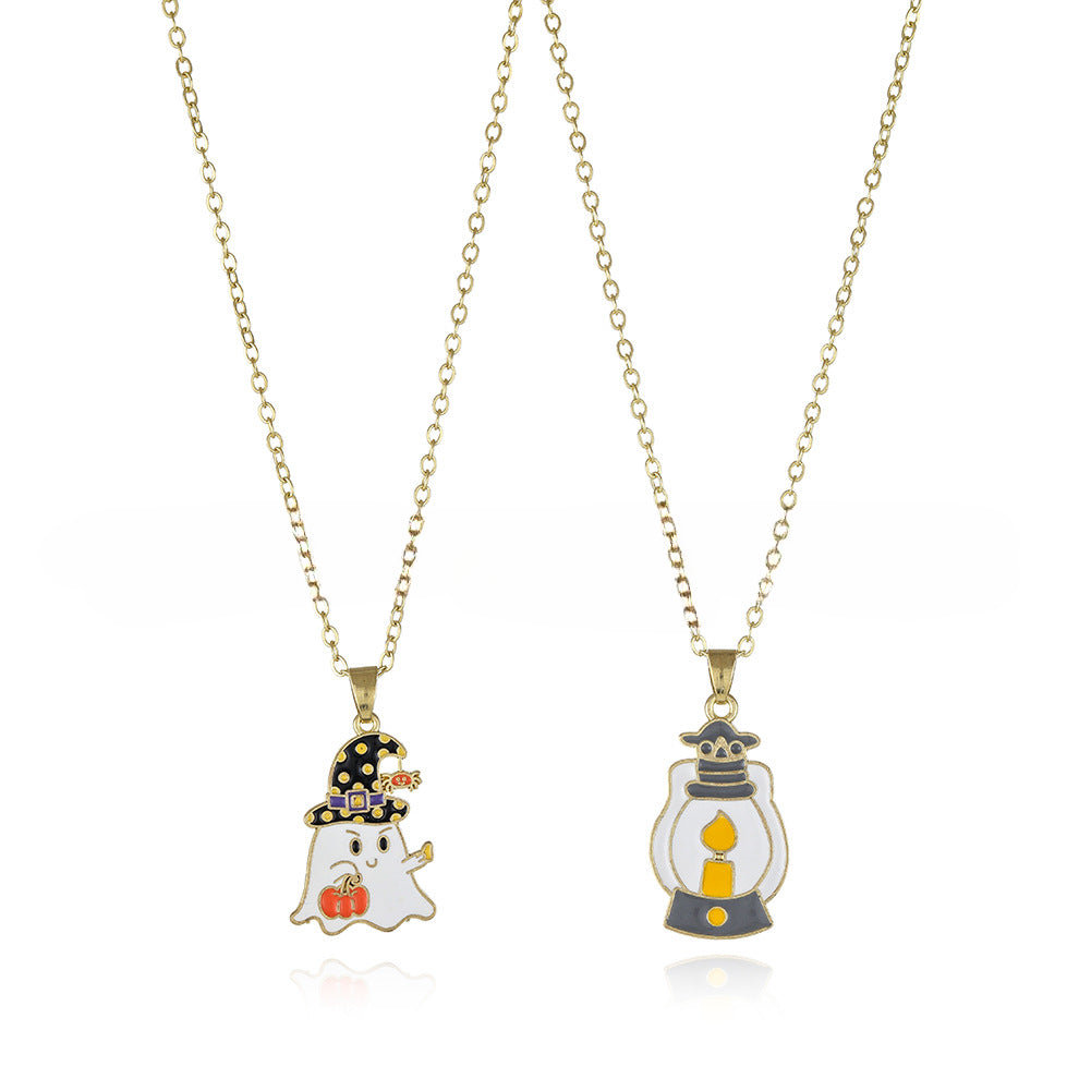 Wholesale New Halloween Cartoon Kids Alloy Drip Oil Spooky Pumpkin Necklace Set