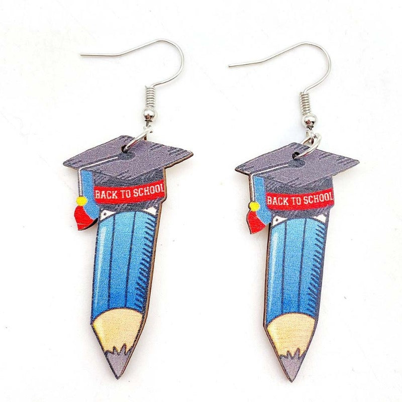 Wholesale Pencil Book Print Wooden Earrings