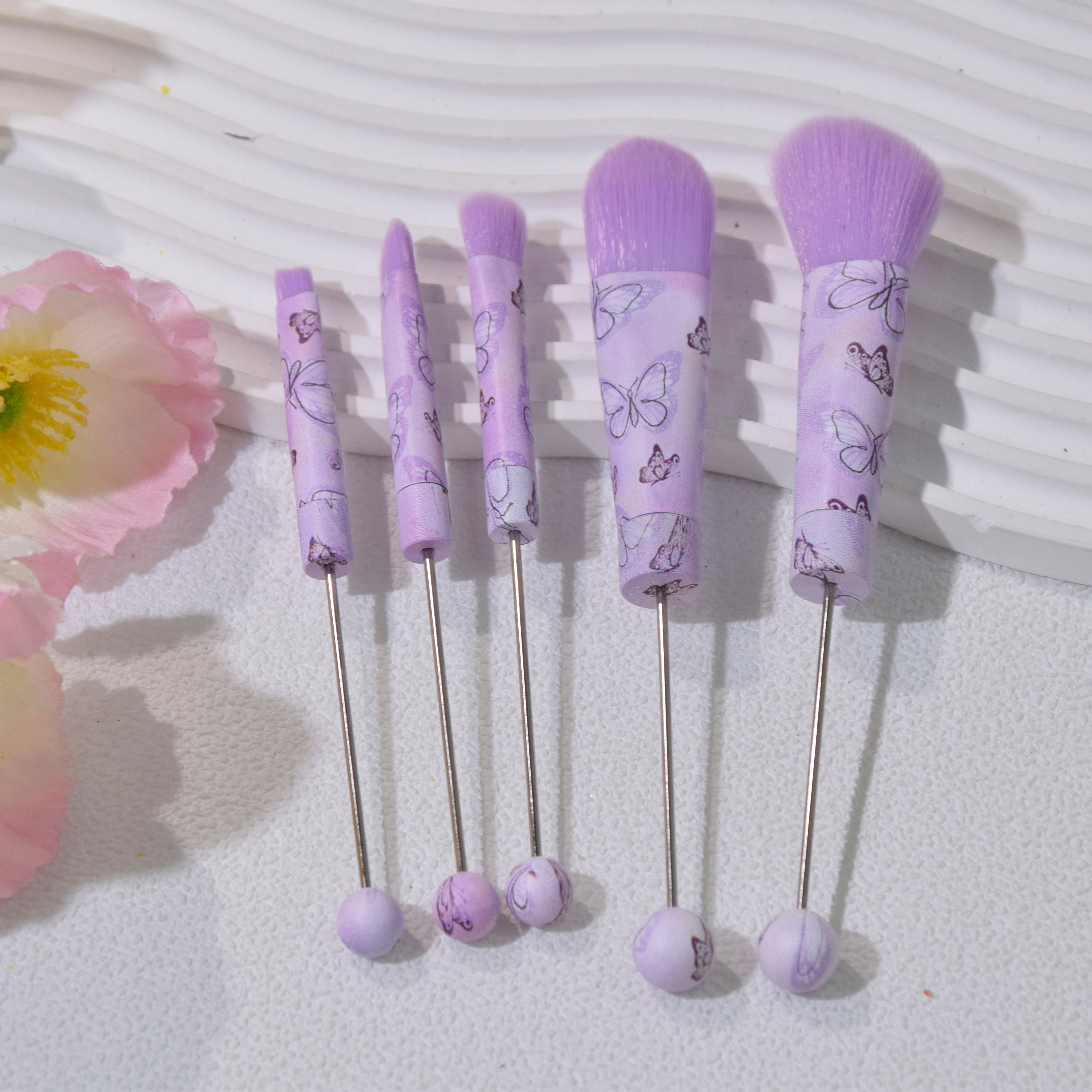 Wholesale 5pcs Custom DIY Soft Bristle Makeup Beaded Brush Set with Metal Handles and Butterfly Bow Theme